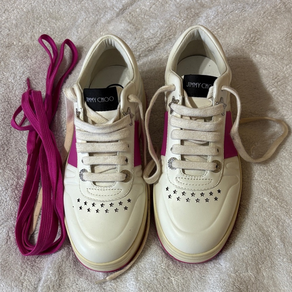 Jimmy Choo Cream and Pink Star Sneakers